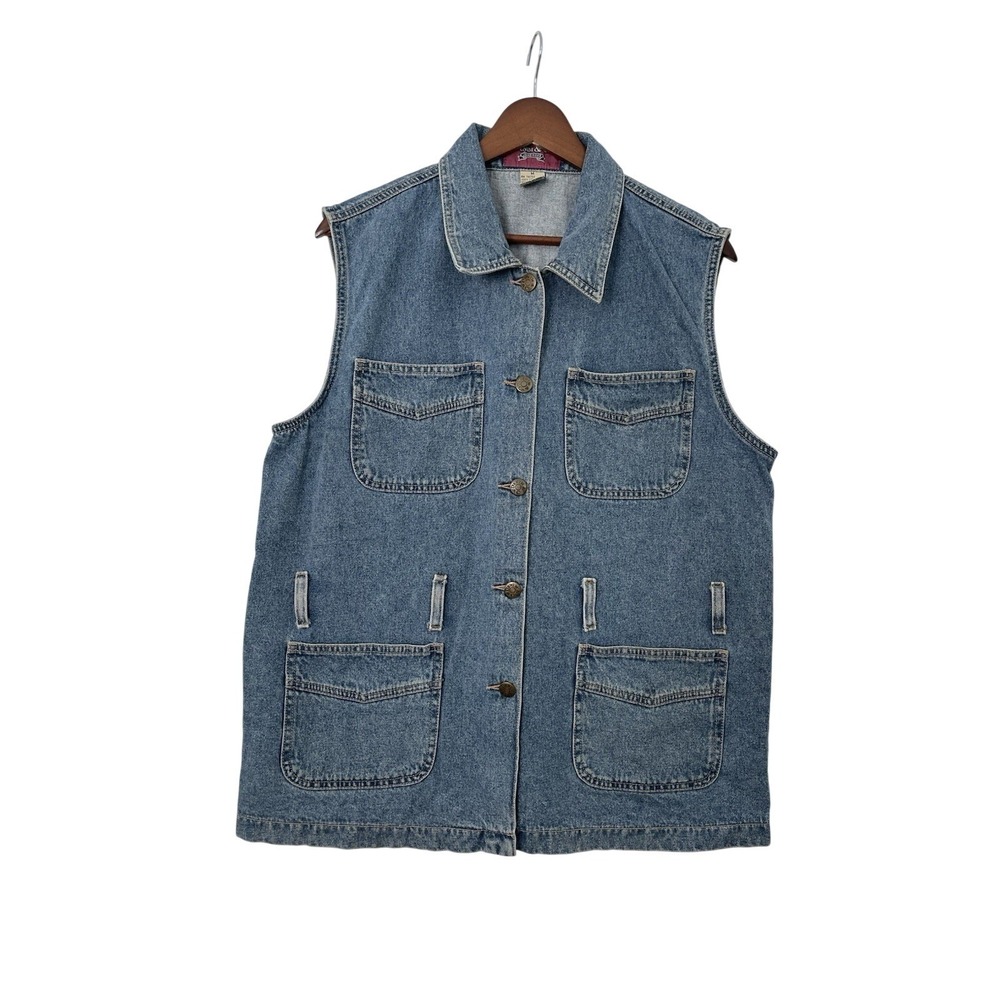 Denim & Co Vintage Vest M Blue Denim Button Front Utility Pockets Western Cotton